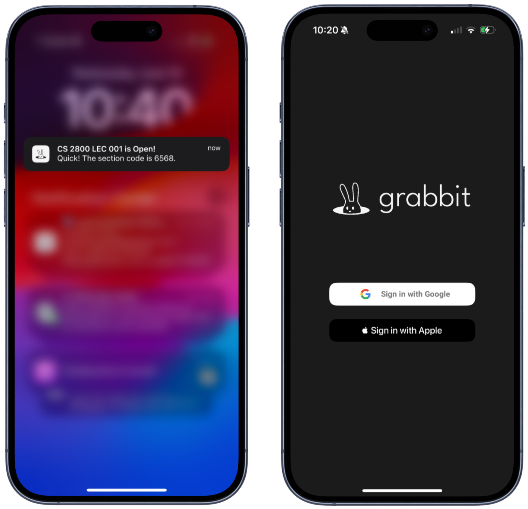 Push notifications and the landing screen of Grabbit.