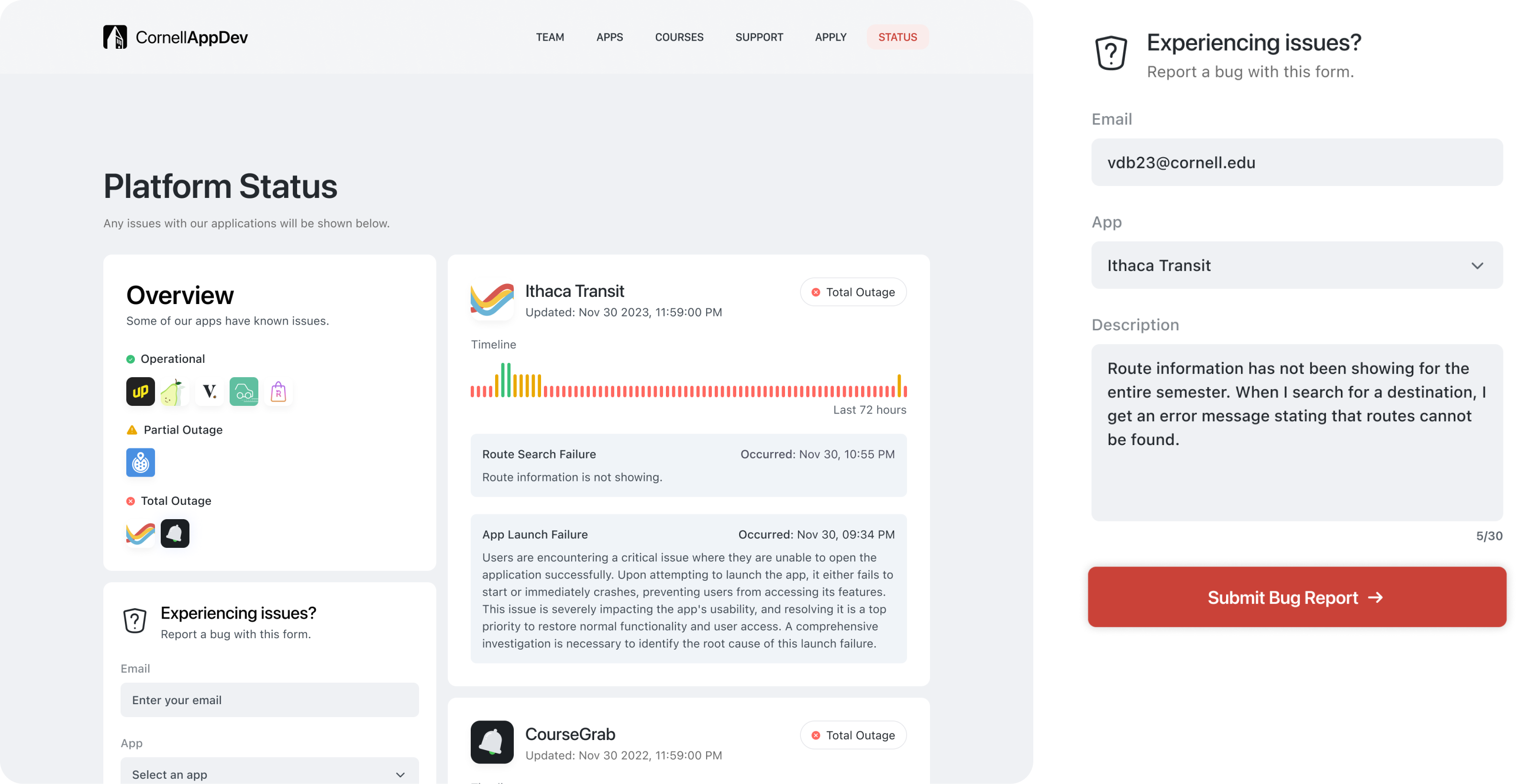 The home page of the status platform (left) and bug report form (right).