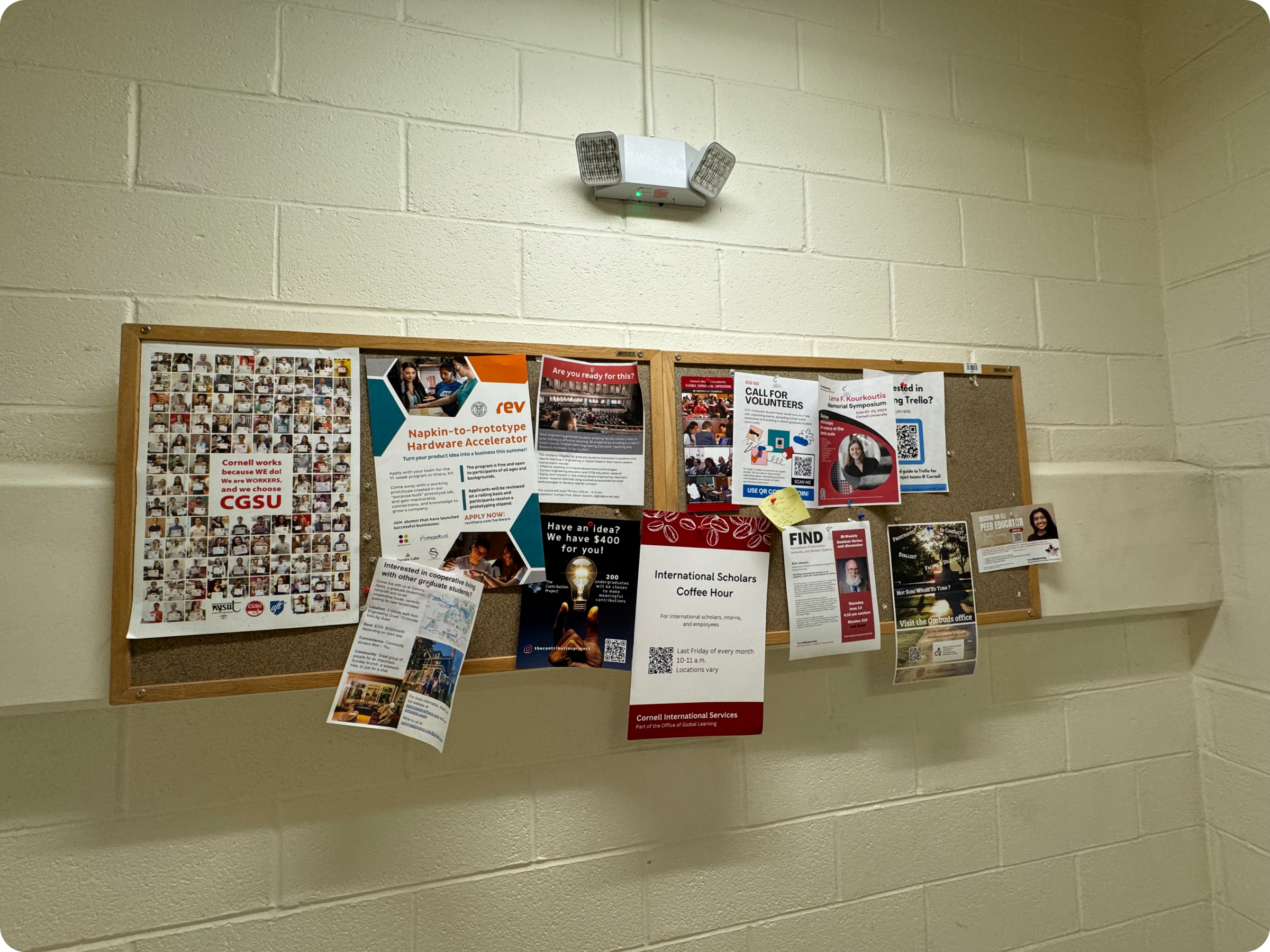 An image of a board containing many flyers in a student hall at Cornell University.